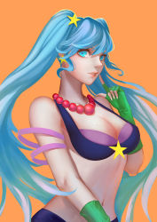 Rule 34 | 1girl, arcade sona, blue eyes, blue hair, breasts, cleavage, earrings, fingerless gloves, gloves, highres, jewelry, league of legends, lips, long hair, matching hair/eyes, necklace, sanera, simple background, smile, solo, sona (league of legends), star (symbol), twintails