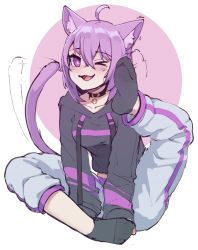 Rule 34 | 1girl, animal ear fluff, animal ears, black collar, black hoodie, cat ears, cat girl, cat tail, collar, collarbone, commentary, english commentary, foot up, highres, hololive, hood, hoodie, k-rha&#039;s, looking to the side, nekomata okayu, nekomata okayu (1st costume), one eye closed, paid reward available, pants, purple eyes, purple hair, scratching head, short hair, sitting, socks, soles, solo, sweatpants, tail, tail wagging, virtual youtuber