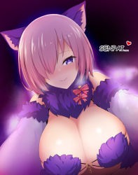 Rule 34 | 1girl, animal ears, bare shoulders, black bra, blush, bow, bra, breasts, cleavage, closed mouth, fate/grand order, fate (series), from below, fur-trimmed gloves, fur collar, fur trim, gloves, hair over one eye, hanging breasts, heart, highres, large breasts, looking at viewer, mash kyrielight, mash kyrielight (dangerous beast), o-ring, official alternate costume, pink bow, pink hair, purple eyes, purple gloves, revealing clothes, romaji text, short hair, skin tight, smile, solo, underwear, upper body, wolf ears, xiaodi