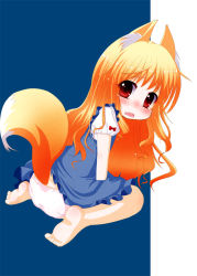 Rule 34 | 1girl, accidental exposure, animal ears, ass, barefoot, blonde hair, blush, child, clothes lift, dress, dress lift, embarrassed, fang, feet, fox ears, from behind, lifted by tail, long hair, looking back, original, panties, pink panties, red eyes, sitting, solo, ta 299, tail, tears, underwear, upskirt, very long hair