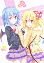 Rule 34 | &gt;:o, 2girls, :d, :o, alternate costume, bat wings, blazer, blonde hair, blue hair, blush, bow, bowtie, contemporary, cowboy shot, crystal, flandre scarlet, holding hands, interlocked fingers, jacket, kittona, looking at viewer, millipen (medium), multiple girls, no headwear, open mouth, pleated skirt, purple skirt, red bow, red bowtie, red eyes, remilia scarlet, school uniform, short hair, siblings, side ponytail, sisters, skirt, smile, sweater, touhou, traditional media, v-shaped eyebrows, watercolor pencil (medium), wings