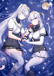 Rule 34 | 2girls, black gloves, black sailor collar, black skirt, blue eyes, bodysuit, boots, breasts, closed mouth, clothes writing, commentary request, dated, eye contact, flower, full moon, fuyutsuki (kancolle), gloves, grey neckerchief, grey thighhighs, hachimaki, hair between eyes, headband, headgear, highres, holding, holding flower, holding hands, kabocha torute, kantai collection, knee boots, long hair, looking at another, medium breasts, miniskirt, moon, multiple girls, neckerchief, one side up, parted lips, partially fingerless gloves, petals, pleated skirt, purple flower, red flower, sailor collar, skirt, suzutsuki (kancolle), thighhighs, twitter username, very long hair, white bodysuit, white hair, white neckerchief, white sailor collar, white skirt, yuri