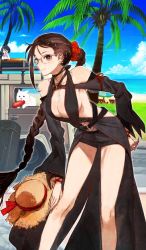 Rule 34 | 1girl, adapted costume, bare shoulders, beach, black dress, black shorts, black sleeves, blue sky, braid, braided ponytail, breasts, brown eyes, brown hair, cavall the 2nd, character doll, cleavage, cloud, collarbone, commentary request, craft essence (fate), day, detached sleeves, dog, dress, fate/grand order, fate (series), female focus, frisbee, glasses, hair ornament, hair scrunchie, hat, heroic spirit festival outfit, holding, holding clothes, holding hat, large breasts, leaning forward, long braid, long hair, matching hair/eyes, motor vehicle, no bra, ocean, official art, palm tree, paracelsus (fate), red scrunchie, revealing clothes, scrunchie, shorts, single braid, sky, solo, standing, straw hat, sun hat, toi8, tree, unworn hat, unworn headwear, van, very long hair, volkswagen type 2, white dog, yu mei-ren (fate), yu mei-ren (festival outfit) (fate)