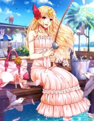 Rule 34 | 1girl, absurdres, bird, blonde hair, blue sky, blush, breasts, bush, cat, cloud, commentary, dock, dog, dress, english commentary, feathers, flower, frilled dress, frills, full body, hair flower, hair ornament, hanging plant, hat, high heels, highres, long dress, long hair, looking at viewer, open mouth, original, outdoors, palm tree, pink dress, pink hat, red flower, riabels, rina (kaminari-games), seagull, shoes, sitting, sky, sleeveless, sleeveless dress, small breasts, smile, soaking feet, solo, sparkle, sun hat, tree, unworn hat, unworn headwear, unworn shoes, water, white footwear, yellow eyes