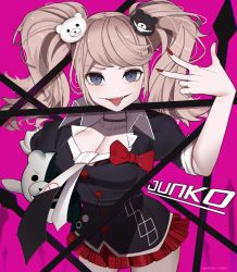 Rule 34 | 1girl, bear hair ornament, black bra, black choker, black necktie, black shirt, blonde hair, blue eyes, bow, bra, breasts, character name, choker, cleavage, collarbone, danganronpa: trigger happy havoc, danganronpa (series), enoshima junko, fangs, hair ornament, hand up, highres, holding, long hair, looking at viewer, medium breasts, miniskirt, monokuma, nail polish, necktie, pink background, red nails, school uniform, shirt, skirt, sleeves rolled up, smile, solo, togeticisa, tongue, tongue out, twintails, underwear, w, white necktie