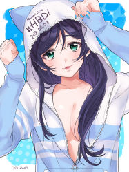 Rule 34 | 1girl, absurdres, animal hood, artist name, bad id, bad pixiv id, blue nails, breasts, cat hood, character name, cleavage, clenched hands, collarbone, dated, green eyes, hands up, happy birthday, highres, hood, hood up, hooded jacket, jacket, long hair, looking at viewer, love live!, love live! school idol festival, love live! school idol project, medium breasts, nail polish, no bra, parted lips, partially unzipped, purple hair, sleeves past wrists, smile, solo, sparkle, tojo nozomi, upper body, zawawa (satoukibi1108)