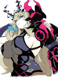 Rule 34 | 1girl, armor, bare shoulders, black dress, blonde hair, blue eyes, breasts, brown pantyhose, chain, dress, barghest (fate), barghest (second ascension) (fate), fate/grand order, fate (series), gauntlets, heterochromia, horns, large breasts, long hair, looking at viewer, pantyhose, pauldrons, ramune gohan, red eyes, shoulder armor, sideboob, single gauntlet, single pauldron, solo