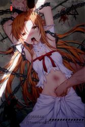 Rule 34 | 1boy, 1girl, absurdres, armpits, arms up, asuna (sao), bare arms, bdsm, beaten, belly, blood, blood on face, blush, bondage, bound, braid, breasts, chain, colored skin, crying, devil heavens, dress, elf, highres, large breasts, long hair, looking at viewer, lying, medium breasts, open mouth, orange hair, pain, parted bangs, parted lips, pointy ears, punching, ryona, signature, spitting, spitting blood, stomach punch, sword art online, titania (sao), tongue, tongue out, torture, very long hair, violence, white dress, white skin