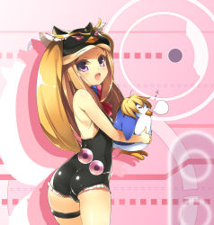Rule 34 | 10s, 1girl, animal hat, ass, bare shoulders, bird, brown hair, closed eyes, from behind, hat, holding, leotard, long hair, looking at viewer, looking back, mawaru penguindrum, nekomu, nose bubble, open mouth, penguin, penguin 3-gou, princess of the crystal, purple eyes, shiny clothes, sleeping, solo, takakura himari, thigh strap