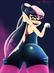 Rule 34 | + +, 1girl, artist name, ass, bare shoulders, black hair, blue background, callie (splatoon), choker, domino mask, earrings, fangs, food, food on head, from behind, from below, gloves, gradient background, hand up, highres, huge ass, jewelry, legs apart, long hair, looking back, looking down, mask, mole, mole under eye, nintendo, object on head, one eye closed, open mouth, pantyhose, paw pose, pointy ears, purple background, purple pantyhose, red benjamin, short jumpsuit, signature, simple background, smile, solo, splatoon (series), standing, sushi, teeth, tentacle hair, tentacles, text focus, white gloves, wink, yellow eyes