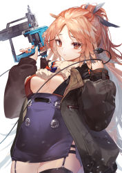 Rule 34 | 1girl, absurdres, aran sweater, arknights, black thighhighs, blue nails, blue skirt, bow, breasts, brown eyes, brown jacket, buttons, cable knit, clothes lift, cowboy shot, facing viewer, feather hair, garter straps, gun, hands up, high-waist skirt, highres, holding, holding gun, holding weapon, jacket, light brown hair, lingxia, long hair, long sleeves, looking at viewer, miniskirt, mole, mole under eye, multicolored bow, multicolored nails, nail gun, nail polish, open clothes, open jacket, orange nails, parted lips, pencil skirt, pinecone (arknights), ponytail, power cord, side slit, simple background, skirt, small breasts, solo, suspender skirt, suspenders, sweater, sweater lift, thighhighs, weapon, white background, zettai ryouiki