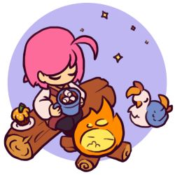 Rule 34 | 1girl, ahoge, alpha transparency, animal, annamaria klimkovich, bird, black pants, blue background, brown vest, campfire, chibi, chicken, closed eyes, commentary, cup, cupcake, fire, food, gail (phoenotopia), holding, holding cup, hot chocolate, log, long sleeves, no nose, pants, phoenotopia: awakening, pink hair, rooster, second-party source, short hair, sitting, sitting on log, solo, sparkle, swept bangs, vest, white sleeves