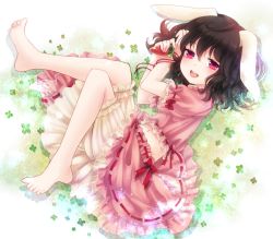 Rule 34 | 1girl, animal ears, bad id, bad pixiv id, barefoot, bloomers, brown hair, rabbit ears, carrot, child, feet, female focus, inaba tewi, jewelry, lying, midriff, navel, nunucco, on side, pendant, red eyes, short hair, skirt, smile, solo, touhou, underwear