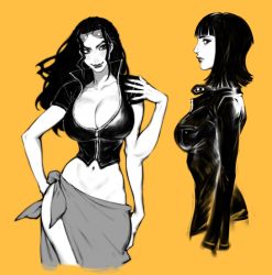 Rule 34 | 1girl, breasts, cleavage, cropped legs, extra arms, eyewear on head, from side, greyscale with colored background, hair slicked back, hana hana no mi, highres, jacket, large breasts, lips, long hair, medium hair, midriff, monochrome, nico robin, nose, one piece, partially unzipped, sarong, sunglasses, upper body, yellow background, zelus