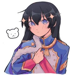 Rule 34 | 1girl, black hair, blue eyes, blue jacket, blush, buttons, closed jacket, closed mouth, commentary, doodle inset, double-breasted, double-parted bangs, english commentary, epaulettes, fur trim, gold tassel, hair between eyes, hand up, highres, jacket, kagura hikari, long bangs, long hair, long sleeves, looking at viewer, red sash, sash, shoujo kageki revue starlight, shoulder sash, simple background, solo, sparkle hair ornament, straight hair, tirasumiii, upper body, white background