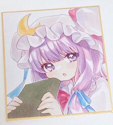 Rule 34 | 1girl, book, commentary, crescent, crescent pin, hat, highres, holding, holding book, long hair, looking at viewer, mob cap, moni monico, open mouth, patchouli knowledge, purple eyes, purple hair, sidelocks, solo, touhou, traditional media, upper body, white hat