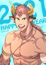 Rule 34 | 1boy, 2021, abs, animal ears, ayukisa, bara, body fur, bright pupils, brown eyes, chinese zodiac, cow boy, cow ears, cow horns, earrings, happy new year, horns, jewelry, large pectorals, long hair, looking at viewer, male focus, muscular, muscular male, nengajou, new year, nipples, nude, original, pectorals, pink hair, solo, upper body, year of the ox