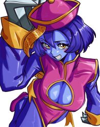 Rule 34 | blue skin, breasts, chinese clothes, cleavage, cleavage cutout, clothing cutout, colored skin, large penis, lei lei, moxydraws, outstretched arms, penis, purple hair, short hair, vampire (game), zombie pose