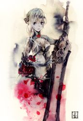 Rule 34 | 1girl, armor, armored dress, blue eyes, breasts, chain, cleavage, eyelashes, flower, gloves, graphite (medium), looking at viewer, mechanical pencil, painting (medium), pale skin, pencil, petals, red flower, red rose, rose, silver hair, simple background, sinoalice, snow white (sinoalice), solo, standing, sword, tikuwabu, traditional media, watercolor (medium), weapon