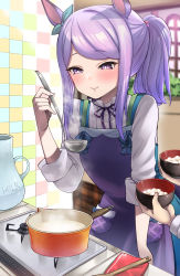 Rule 34 | 1girl, absurdres, alternate hairstyle, animal ears, apron, blue ribbon, blurry, blurry background, blush, bow, bowl, closed mouth, commentary request, cooking, depth of field, ear ribbon, food, hand up, highres, holding, holding bowl, horse ears, indoors, ladle, long sleeves, mejiro mcqueen (umamusume), nanahone, neck ribbon, out of frame, ponytail, purple apron, purple eyes, purple hair, purple ribbon, ribbon, shirt, smile, solo focus, stove, tile wall, tiles, umamusume, white shirt, wooden spoon