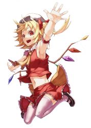 Rule 34 | 1girl, arm ribbon, armpits, ascot, bad id, bad pixiv id, blonde hair, bow, embodiment of scarlet devil, female focus, flandre scarlet, full body, hat, mary janes, midriff, navel, open mouth, outstretched arms, outstretched hand, red eyes, ribbon, scottie (phantom2), shirt, shoes, side ponytail, simple background, skirt, skirt set, sleeveless, sleeveless shirt, solo, thighhighs, touhou, white background, white thighhighs, wings