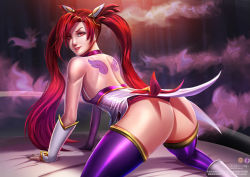Rule 34 | 1girl, alternate costume, alternate hair color, alternate hairstyle, ass, badcompzero, bare shoulders, belt, black gloves, black thighhighs, bow, elbow gloves, fingerless gloves, gloves, hair ornament, jinx (league of legends), league of legends, lipstick, long hair, magical girl, makeup, red bow, red eyes, red hair, red lips, red neckwear, short shorts, shorts, solo, star guardian (league of legends), star guardian jinx, tattoo, thighhighs, twintails, very long hair