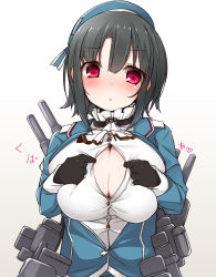 Rule 34 | 10s, 1girl, bad id, bad pixiv id, black hair, blush, breasts, gloves, hat, kantai collection, large breasts, looking at viewer, md5 mismatch, nekoume, open clothes, open shirt, opening shirt, red eyes, sexually suggestive, shirt, short hair, simple background, solo, takao (kancolle), undressing, uniform