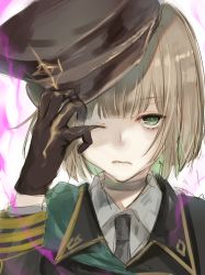 Rule 34 | 1boy, brown gloves, brown hat, brown jacket, closed mouth, gloves, gretel (sinoalice), hair between eyes, hat, jacket, looking at viewer, military, military hat, military jacket, military uniform, necktie, one eye closed, polo shirt, shirt, short hair, simple background, sinoalice, solo, teroru, uniform, white background, white shirt