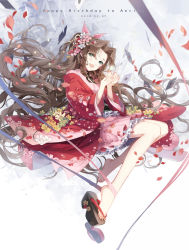 Rule 34 | 1girl, :d, aerith gainsborough, bare legs, blush, brown hair, character name, cherry blossom print, clog sandals, dated, final fantasy, final fantasy vii, floral print, frills, green eyes, happy birthday, highres, japanese clothes, kieta, kimono, long hair, looking at viewer, okobo, open clothes, open kimono, open mouth, parted bangs, petals, pink kimono, platform clogs, print kimono, sandals, short kimono, smile, solo, very long hair