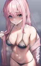 Rule 34 | 1girl, absurdres, bare shoulders, bikini, black bikini, blue eyes, blush, bocchi the rock!, breasts, cleavage, collarbone, female focus, gotoh hitori, gradient background, grey background, groin, hair between eyes, halterneck, hand up, highres, holding, jacket, large breasts, long hair, looking at viewer, lowleg, navel, open clothes, open jacket, parted lips, pink hair, pink jacket, raised eyebrows, sidelocks, simple background, solo, steam, steaming body, stomach, string bikini, suujiniku, sweat, swimsuit, track jacket, wet