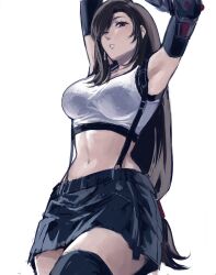 Rule 34 | 1girl, arms up, black hair, black skirt, black thighhighs, breasts, commentary, crop top, drop earrings, earrings, elbow gloves, english commentary, final fantasy, final fantasy vii, final fantasy vii remake, gloves, highres, jewelry, kivavis, large breasts, long hair, looking at viewer, midriff, navel, one eye closed, parted lips, red eyes, skirt, solo, stretching, suspender skirt, suspenders, tank top, thighhighs, tifa lockhart, white background