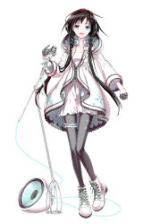 Rule 34 | 1girl, :d, absurdres, black hair, blue eyes, boots, bridal garter, cross-laced footwear, dress, full body, gloves, headphones, headphones around neck, highres, hood, hooded jacket, izumi (nagashi), jacket, lace-up boots, long hair, looking at viewer, low twintails, microphone, microphone stand, open mouth, pantyhose, shoes, simple background, smile, solo, speaker, twintails, utau, very long hair, white background, white dress, white footwear, xia yu yao, zipper