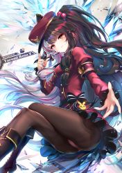 Rule 34 | 1girl, absurdres, alternate costume, ass, black pantyhose, character name, commentary request, hat, highres, long hair, looking at viewer, military, military hat, military uniform, multicolored hair, night, nijisanji, panties, pantyhose, pantyshot, red eyes, smile, solo, split-color hair, thighs, thyr, underwear, uniform, virtual youtuber, yorumi rena, yorumi rena (2nd costume)