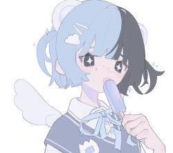 Rule 34 | + +, 1girl, :3, am314, angel wings, animal ears, bear ears, bear girl, black eyes, black hair, blue hair, blunt bangs, cloud hair ornament, collared shirt, cross, cross necklace, eating, food, hair ornament, hairclip, holding, holding food, ice cream, jewelry, multicolored hair, name tag, neck ribbon, necklace, open mouth, original, popsicle, ribbon, shirt, short hair, smile, solo, sparkle, split-color hair, sweater vest, translation request, two side up, wings