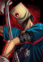 Rule 34 | 1boy, absurdres, bag, bag on head, belt, blood, blue shirt, doctor, faust (guilty gear), gloves, glowing, glowing eye, guilty gear, guilty gear strive, highres, horror (theme), looking down, paper bag, red background, scalpel, shirt, silverchariotx, solo, stethoscope, t-shirt, weapon, white gloves