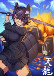 Rule 34 | 10s, 1girl, breasts, checkered clothes, checkered necktie, checkered neckwear, clenched hand, cloud, day, emubi, explosion, eyepatch, gloves, glowing, grin, headgear, highres, holding, holding weapon, kantai collection, katana, large breasts, mecha musume, necktie, ocean, outdoors, partially fingerless gloves, purple hair, school uniform, short hair, sky, smile, solo, sword, teeth, tenryuu (kancolle), text focus, thighhighs, water, weapon, yellow eyes