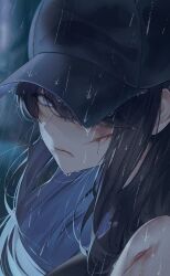 Rule 34 | 1girl, absurdres, artist request, baseball cap, black hair, blood, blood on face, blue archive, blue hair, colored inner hair, hair over one eye, hat, highres, injury, looking at viewer, multicolored hair, orecalc3092, portrait, rain, saori (blue archive), solo, two-tone hair, water drop