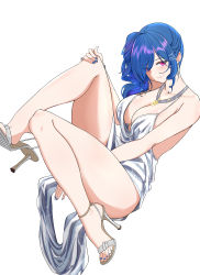 Rule 34 | 1girl, absurdres, azur lane, backless dress, backless outfit, bare shoulders, between legs, blue hair, blue nails, breasts, cleavage, commentary request, dress, earrings, evening gown, feet, grey dress, hair between eyes, hair ornament, hairclip, halter dress, halterneck, hand between legs, high heels, highres, jewelry, large breasts, leg up, legs, nail polish, necklace, pink eyes, plunging neckline, revealing clothes, sandals, shoe dangle, shoe soles, side ponytail, sidelocks, silver dress, silver footwear, sitting, smile, st. louis (azur lane), st. louis (luxurious wheels) (azur lane), tamago (eva1314056), thighs, toenail polish, toenails, toes