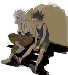 Rule 34 | 2boys, black hair, black tank top, brown footwear, brown pants, closed mouth, elbow sleeve, flip-flops, frown, full body, gon freecss, green eyes, green shorts, grey footwear, hand on own chin, highres, hunter x hunter, jewelry, kgeroua, killua zoldyck, male focus, multiple boys, necklace, pants, red eyes, sandals, shadow, short hair, shorts, sitting, spiked hair, tank top, white background, white hair, yellow tank top