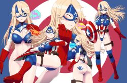 Rule 34 | 1girl, ass, ass tattoo, blonde hair, blue eyes, blue mask, blue thighhighs, blush, boots, bottomless, breasts, captain america, captain america (cosplay), captain america (series), cleavage, cosplay, elbow gloves, english text, eye mask, gloves, hair between eyes, highres, holding, iowa (kancolle), kantai collection, large breasts, leotard, long hair, looking at viewer, marvel, mask, mikan 29344886, multiple views, one eye closed, parted lips, red footwear, red gloves, shield, simple background, skindentation, smile, star (symbol), superhero costume, tattoo, thigh strap, thighhighs, tongue, tongue out