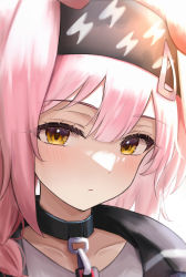 Rule 34 | 1girl, absurdres, animal ears, arknights, black hairband, blush, brown hair, cat ears, closed mouth, collar, collarbone, eyelashes, goldenglow (arknights), hairband, highres, lightning bolt print, long hair, looking at viewer, pink hair, portrait, simple background, solo, vivid (vividusss), white background