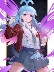 Rule 34 | 1girl, absurdres, anzailee, artist name, blue eyes, blue hair, braid, clenched hands, collared shirt, commentary, cowboy shot, english commentary, french braid, grey necktie, grey skirt, grin, highres, hololive, hololive indonesia, indonesian high school uniform, jacket, jewelry, kobo kanaeru, long sleeves, multicolored hair, multiple rings, necktie, pleated skirt, red jacket, ring, school uniform, shirt, shirt tucked in, skirt, smile, solo, two-tone hair, v-shaped eyebrows, virtual youtuber, white hair, white shirt