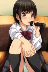Rule 34 | 1girl, absurdres, black hair, black socks, blush, bow, brown eyes, collared shirt, feet out of frame, green panties, grey skirt, hand up, highres, holding, holding microphone, karaoke, kneehighs, knees up, long sleeves, looking at viewer, matsunaga kouyou, microphone, nose blush, open mouth, original, panties, pinky out, pleated skirt, red bow, school uniform, shirt, sitting, skirt, socks, solo, teeth, underwear, upper teeth only, white shirt
