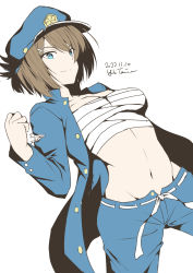 Rule 34 | 1girl, alternate costume, artist name, blue eyes, blue headwear, blue jacket, breasts, brown hair, chest sarashi, clenched hand, closed mouth, dated, dutch angle, hair ornament, highres, jacket, kantai collection, maya (kancolle), maya kai ni (kancolle), medium breasts, midriff, navel, open clothes, open jacket, sarashi, short hair, simple background, solo, taira yuuki, white background, x hair ornament