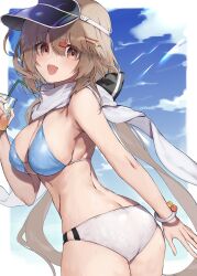 Rule 34 | 1girl, absurdres, ass, bare arms, bare shoulders, bikini, black bow, blush, bow, breasts, brown eyes, brown hair, butt crack, cleavage, cowboy shot, cup, drink, drinking glass, hair between eyes, hair bow, hair ornament, hairclip, highres, holding, holding cup, kantai collection, large breasts, long hair, low twintails, navel, open mouth, picoli1313, scarf, smile, solo, starbucks, swimsuit, tashkent (kancolle), twintails, twisted torso, white scarf