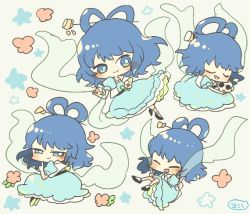 Rule 34 | 1girl, artist name, blue dress, blue eyes, blue hair, blush stickers, closed mouth, dress, closed eyes, flower, full body, grey background, hagoromo, hair ornament, hair rings, hair stick, kaku seiga, multiple views, open clothes, open mouth, open vest, pink flower, puffy short sleeves, puffy sleeves, shawl, short hair, short sleeves, signature, skull, smile, touhou, vest, white vest, yoshishi (yosisitoho)