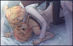 Rule 34 | 1boy, 1girl, adolescence (vocaloid), aqua eyes, bare arms, bare shoulders, bed sheet, blonde hair, brother and sister, camisole, collarbone, curtains, eye contact, face-to-face, frilled camisole, frills, haine koko, incest, interlocked fingers, kagamine len, kagamine rin, looking at another, lying, on back, on bed, serious, shirt, short hair, short ponytail, siblings, sketch, sleeveless blazer, spaghetti strap, twincest, twins, vocaloid, white camisole, white shirt