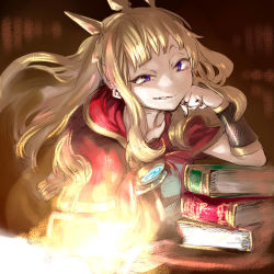 Rule 34 | 10s, 1girl, bad id, bad pixiv id, blonde hair, book stack, bracer, cagliostro (granblue fantasy), cape, crown, granblue fantasy, ikuhana niiro, long hair, looking at viewer, purple eyes, smile, solo