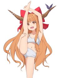 Rule 34 | 1girl, :d, arm up, armpits, barefoot, blunt bangs, bow, hair bow, highres, holding leg, horn ornament, horn ribbon, horns, ibuki suika, long hair, looking at viewer, midriff, navel, oeyama, oni horns, open mouth, orange eyes, orange hair, red bow, ribbon, simple background, smile, solo, split, sports bra, standing, standing on one leg, standing split, teeth, touhou, upper teeth only, very long hair, white background