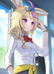 Rule 34 | 1girl, ahoge, alternate costume, animal ear fluff, animal ears, ao ne, bag, bag charm, black hair, blonde hair, blue bow, blush, bow, bowtie, braid, charm (object), closed mouth, club-shaped pupils, collared shirt, commentary request, cowboy shot, day, dress shirt, facial mark, fox ears, fox girl, fox tail, hair bow, hair over shoulder, hand up, highres, hololive, indoors, long hair, multicolored hair, omaru polka, pink hair, purple eyes, red bow, red bowtie, school bag, school uniform, shirt, side braid, single braid, sleeves past wrists, solo, standing, streaked hair, symbol-shaped pupils, tail, virtual youtuber, white shirt, window